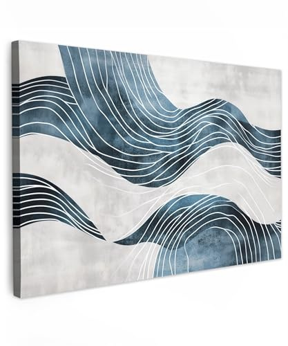 MuchoWow© Leinwand Bilder Groß XXL Wanddeko Wohnzimmer Aesthetic Room Decor | 120x80 cm - Deko Zimmer Wandbilder Modern Bild auf Linien - Wellen - Abstrakt - Blau