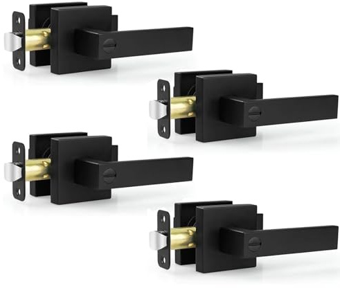 Estmoon 4 Pack Black Door Handles - Interior Door Knobs with Lock for Bedrooms, Keyless Privacy Door Levers, Heavy Duty Zinc Alloy Door Lever Set for Bedrooms Bathrooms