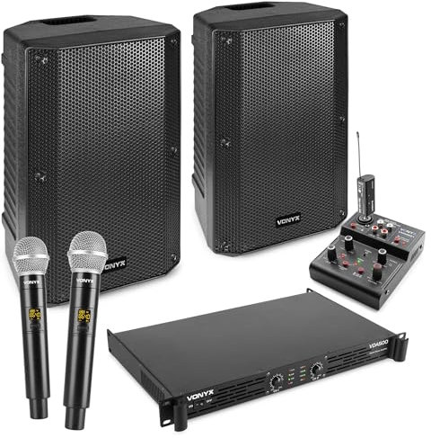 Vonyx VSA10P + VDA500 + VMM100 + WM552 – Karaoke-Set mit 10-Zoll-Lautsprechern, 500-W-Verstärker, Bluetooth-Mischpult und UHF-Funkmikrofonen, tragbar und leistungsstark für Partys und Veranstaltungen