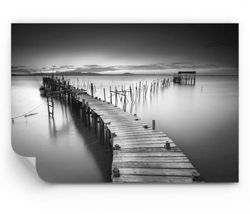 Fotomural 200x140 cm Papel Pintado Blanco y Negro Marino - 3082 - WF3 | Mar Puente Paisaje Premium Canvas Papel pintado de vinilo tejido no tejido Decoración de Pared Salón Moderno ARTTOR