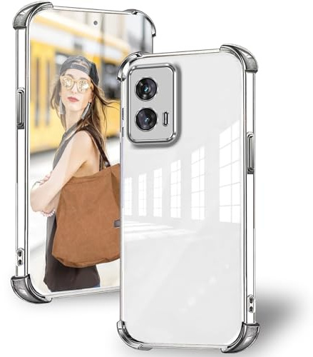 DESSEN Funda para Motorola Moto Edge 50 Fusion 5G con Protector Lente Camara & Esquinas Reforzadas Antigolpes Carcasa Silicona Transparente Móvil Case Suave TPU Antiamarilleo, Plateado
