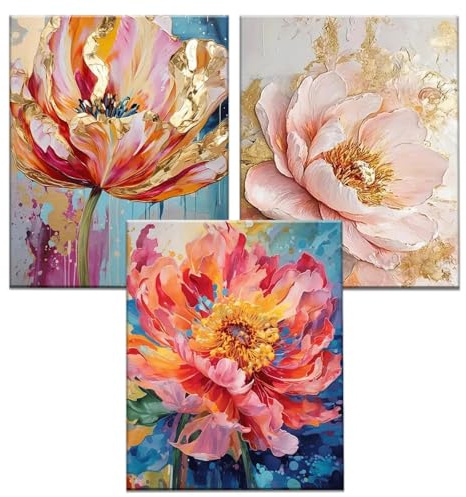JATOK 3 Pack Paint by Numbers for Adults, Flowers, 40 x 50 cm, Unframed | Multipack rolled coloured canvas kits, acrylic painting kit, beginner DIY craft, unframed wall décor, 16 x 20 in