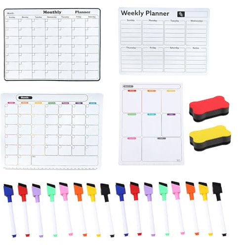 4 Pack Magnetic Planner for Fridge, Magnetic Calendar Whiteboard for Fridge with 16 Markers and 2 Eraser for Family Meal Planner Board, Home Kitchen Office, 28 * 21cm