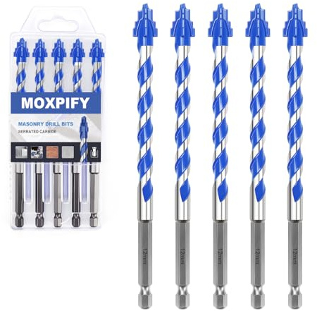 MOXPIFY 5PCS 12mm x 150mm Masonry Drill Bits Set, Porcelain Tile Drill Bit, Tungsten Carbide Drill Bit for Tile, Glass, Ceramic, Marble, Concrete, Brick, Granite, Wood
