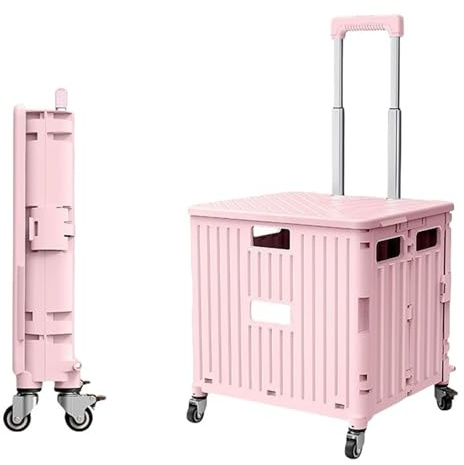 Foldable Utility Wagon Cart with Stair-Climbing Wheels & Telescoping Handle,Portable Collapsible Trolley Box for Grocery Shopping, Garden, Camping, Beach & Outdoor Transport pink 45L