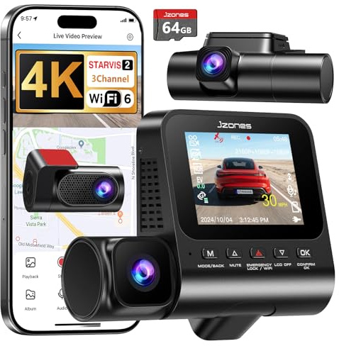 3 Canale Dashcam Auto 4K, Visione Notturna STARVIS 2 e HDR con Dash cam Anteriore, Posteriore e Interna, Registrazione Loop, Parcheggio Sorvegliato 24H, Sensore G, WiFi 6, GPS e Scheda SD 64GB Inclusa