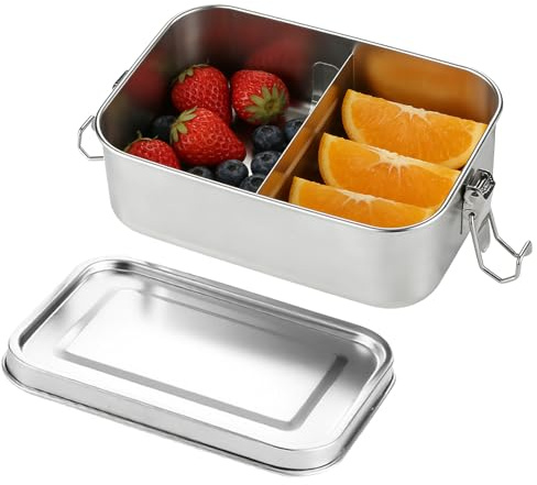 Rthynti Stainless Steel Lunch Box, 850ml Metal Lunch Box with 1pcs Removable Divider, Leakproof Stainless Steel Bento with Lock Clip for Adults Children Camping