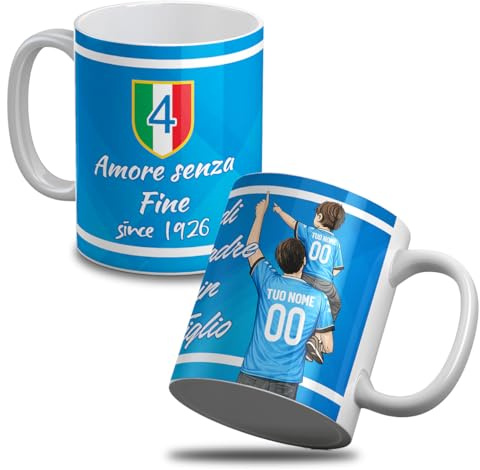 quickgadget Tazza per tifoso Napoli Personalizzata Padre e Figlio Figlia in Ceramica – Regalo Tifoso Azzurro con Nome e Numero – Idea Regalo Festa del Papà, Compleanno, Natale
