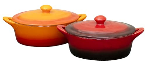 Set of 2 Ombre Stoneware Oval Casserole Dishes with Lids, Red and Orange, 600ml, Oven Safe