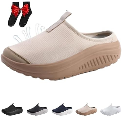 Mules de marche à plateforme tricotée à enfiler pour femme, confortables, respirantes, dos ouvert, talon compensé, chaussures à bascule décontractées et légères à bout fermé