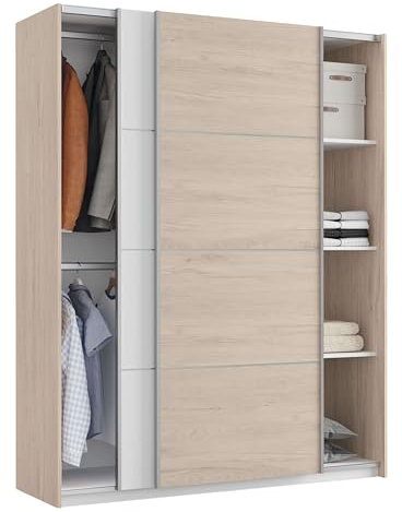 MUEBLES PITARCH | Armario Dormitorio Ropero 2 Puertas Correderas Perfil Aluminio 2 Barras, Blanco y Roble Aurora, 200x150x62cm (Alto x Ancho x Fondo), Moderno, Modelo Onix