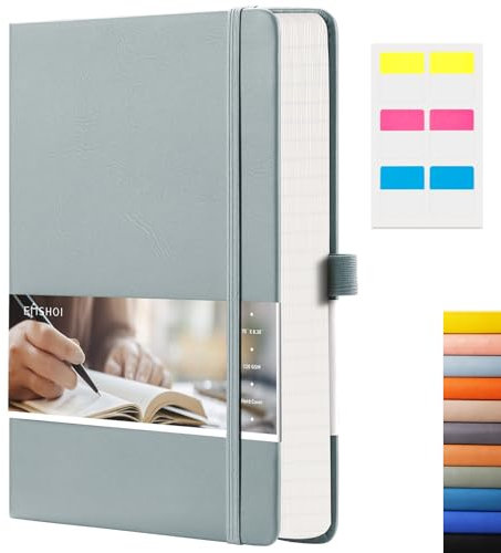 EMSHOI Anteckningsbok med millimeterpapper – 256 sidor i A5, journal, hårt omslag, 120 GSM tjockt papper, slätt PU-läder, innerficka, 14,6 cm × 21,3 cm – gråblå