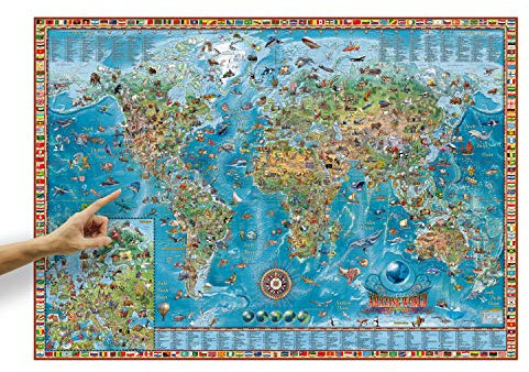 ORBIT GLOBES & MAPS Kinder-Weltkarte Amazing World mit Tieren und Flaggen im Poster-Format XXL 138 x 98 cm, englisch, mit aufschlussreicher Legende, Deko-Landkarte für Kinderzimmer