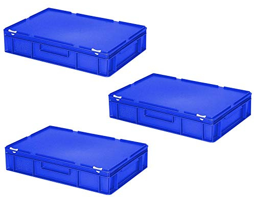 BRB 3x Eurobehälter mit Deckel, PE-HD, LxBxH 600x400x130 mm, 23 Liter (blau)