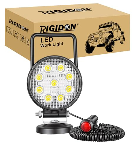 RIGIDON 1x led arbeitsscheinwerfer magnetfuß, suchscheinwerfer, 4 zoll 27W | flood, zigarettenanzünder, 5 meter kabel, 12V 24V, offroad beleuchtung, zusatzscheinwerfer, für auto traktor KFZ LKW 4x4 boot