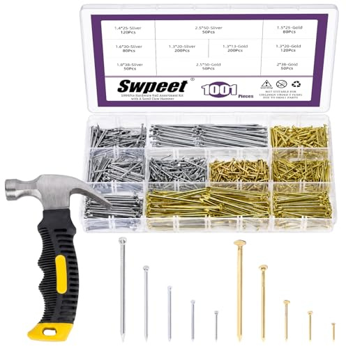 Swpeet 1000 Stück Hardware-Nagel-Sortiment-Set mit 227 g Samll Klauenhammer, Mini-Hammer mit rutschfestem Griff und verzinkten Nägeln, zum Aufhängen von Bildern