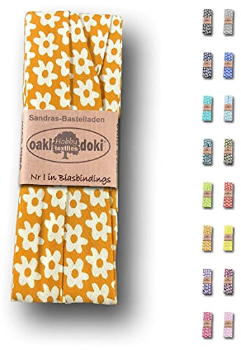 Sandras-Bastelladen Schrägband/Einfassband Baumwolle gefalzt 3m x 20mm - Blumen Muster 3011-Orange-Weiß