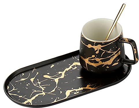 KKgud Juego de taza de café y platillo de porcelana, taza de 400 ml+plato ovalado para desayuno, té de la tarde - patrones de mármol (negro)