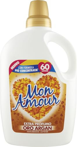 MON AMOUR - Ammorbidente Lavatrice Oro e Argan, Formula più Concentrata per più Profumo e più Lavaggi per Biancheria e Bucato Morbido e Fresco, Dermatologicamente Testato, 1 Flacone da 3L (60 Lavaggi)
