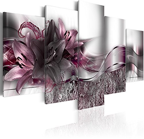 B&D XXL - Wandbilder XXL Blumen 150x75cm 5 tlg - Wand Deko Leinwand Bilder Groß Wanddeko Wohnzimmer Schlafzimmer Kunstdrucke - Lilien Abstrakt Diamant Textur silber violett