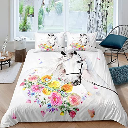 Double Duvet Set White Horse Begonia Flower Double Bed Duvet Cover Set for Kids Aldults with Zipper Closure Breathable Hypoallergenic Microfiber Quilt Cover 78.7x 78.7 + 2 Pillowcases 19.7x 29.5