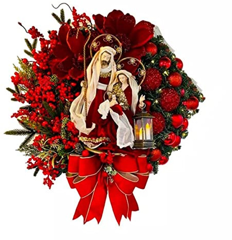 Zunedhys Corona de Navidad con luces, adornos para puerta delantera, decoración de pared, guirnalda artificial feliz