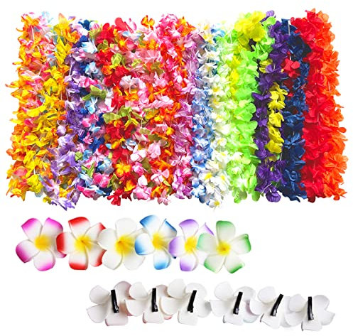 36 Piezas de decoración Hawaiana Leis para Fiestas, 24 Collares Hawaianos, 12 Horquillas de Flores, para Fiestas Tropicales Hawaianas, Fiestas en la Playa, Fiestas de Noche Hawaianas