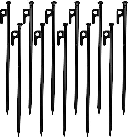YAYODS 24 PCS Tent Pegs Metal Heavy Duty, 12 Inch Black Ground Anchor Rock Pegs with Hook and Hole, High Strength Forged Steel Camping Tent Stakes for Hard Ground, Outdoors Travelling Hiking
