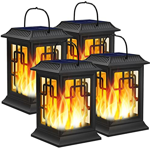 Woenergy Solar Lanterns Outdoor Waterproof, Hanging Solar Lights for Outside Black Hanging Solar Powered Lantern Decorative for Garden Yard Patio, 4 Pack
