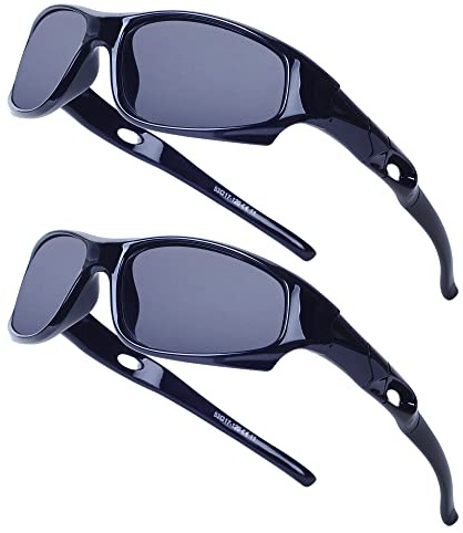 2-pack barnsolglasögon med glasögonband polariserade sportglasögon för pojkar och flickor ålder 3–12, med solglasögon väska, Svart + svart, Medium