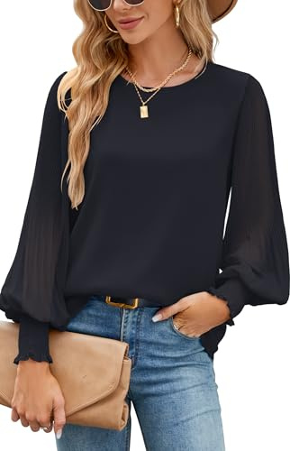 Odosalii Camicetta da donna in chiffon, a maniche lunghe, elegante, a doppio strato, Nero , S