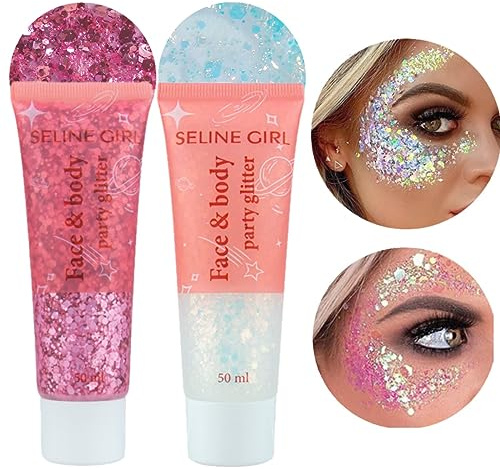 KARLOR Glitzer Gesicht Gel 50ml x 2, Festival Glitzer Gel Body Glitter Face Sequins Shimmer Glitzer Gel flüssig Glitzer Körper Nagel Gesicht Festival Makeup Glitter Festival zubehör(weiß+rosa)