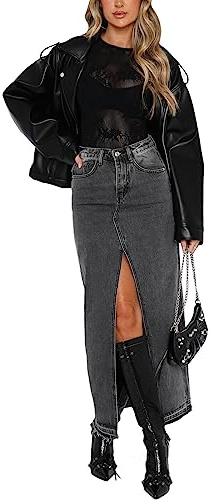 Gonna Lunga di Jeans Donna Vita Alta con Spacco Davanti Gonne Denim Y2K Vintage Harajuku Maxi Midi Gonna Gonne a Portafoglio in Denim Tinta Unita con Tasche (Grigio, M)