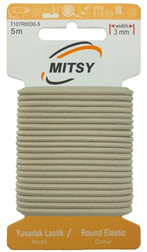 MITSY Cinta de goma redonda resistente al desgarro, 3 mm x 5 m, beige, fuerte, redondo, goma para pantalones, hogar, manualidades, tejidos para costura