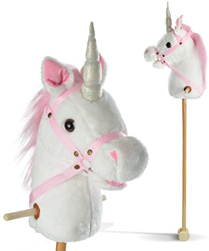 Pink Papaya Steckenpferd Einhorn, Mandy süßes Spielzeug Einhorn aus Plüsch mit Sound Funktion: Gewieher und Galoppgeräusch - Farbe: weiß mit rosa Mähne