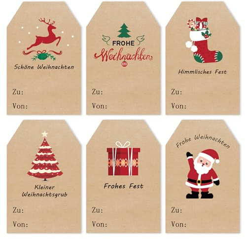 Aufkleber Weihnachten, 96 Stück Kraftpapier Weihnachtsaufkleber, Selbstklebende Weihnachtsetiketten, Weihnachtsgeschenke Sticker Etiketten für Geschenkverpackung, Weihnachtsdekoration, 5 x 7.6cm