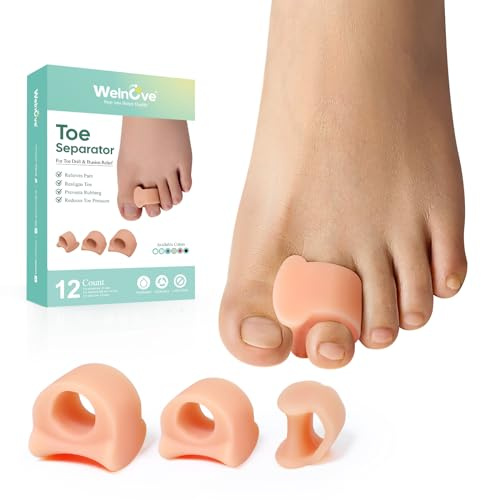 Welnove Toe Separator for Overlapping Toes - 12 PackToe Spacers for Bunions - Toe Corrector for Hammer Toes, Realign Crooked Toes - Preventing Rubbing Relieve Pressure (Multi-Size, Beige)