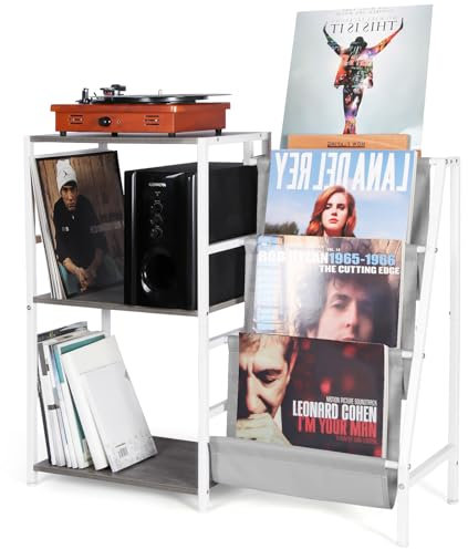 HYCFYJR Tourne Disque Vinyle Rangement, Meuble Platine Vinyle avec Range Vinyle à 3 Niveaux, Meuble Vinyle avec Now Playing Support, Support Vinyle pour Le Salon, Gris et Blanc