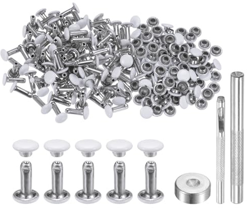 QUARKZMAN 100 Sets 6mm x 10mm Leder Nieten, Metall Doppelkappe Nieten Tubular Runde Druckknöpfe mit 3 Stück Werkzeugen für Handwerk Reparatur Dekoration Gürtel Kleidung (Weiß)