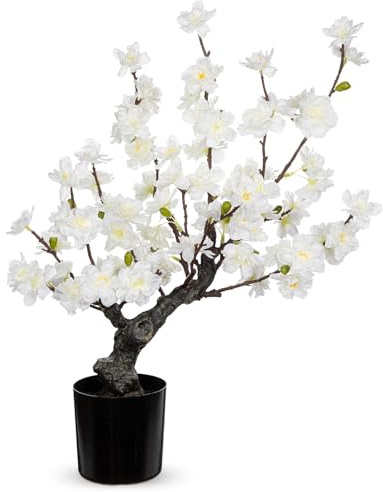 Briful Künstlicher Kirschblüten Bonsai – 42 cm Hoch – Kunstpflanze in Weiß – Japanischer Kirschbaum als Deko für Wohnzimmer, Büro & Tisch – Zimmerpflanze im Topf