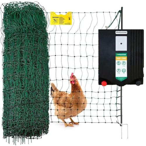 Agrarzone Hühnerzaun Komplett Set mit Weidezaungerät, 50m x 112cm Geflügelnetz - Mobiler Geflügelzaun mit Strom - Langlebig und Robust (Solar)
