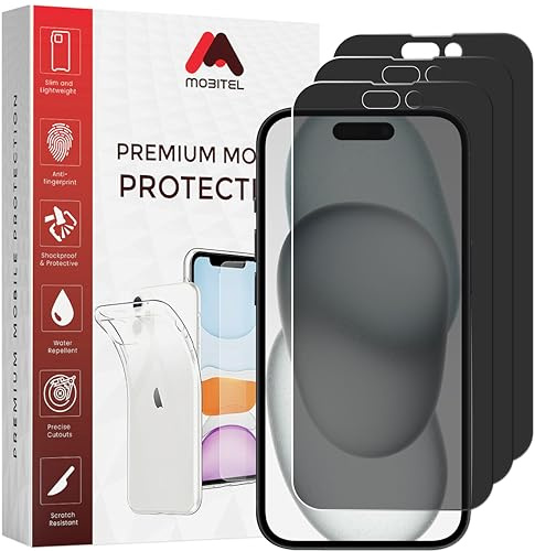 Mobitel 3-Pack Anti-Spy Privacy Screen Protector, 9H Tempered Glass, Anti-Scratch, Anti-Water, Case Friendly (iPhone 15)
