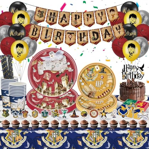 Décorations Wizard - Kit Anniversaire Vaisselle Jetable Assiettes en Papier Tasses Serviettes Nappes Bannière de Wizard Ballons
