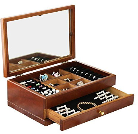 MYVVKIA Schmuckkästchen, 2-lagige Schmucktruhe aus Holz mit extra großem verspiegeltem Schmuck-Organizer für Ringe, Ohrringe, Armbänder, Schmuckschatulle für Damen