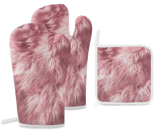 Lot de 3 gants de cuisine et maniques résistants à la chaleur - Texture fourrure rouge - Gants de barbecue - Gants de cuisine pour cuisine et grillades