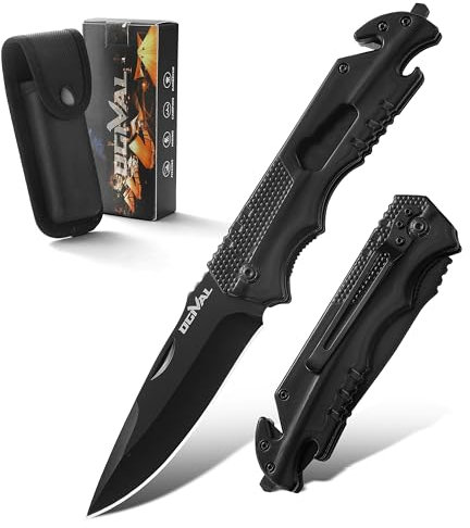 Ogival Klappmesser (Zweihandmesser),Taschenmesser mit Edelstahl-Griff und Taschenclip, 5-in-1 Edc Messer mit Nylonscheide, für Outdoor,Camping,Fischen,Jagen,Schwarz