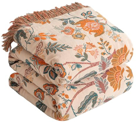 SESoftexly Boho-filt 100 % bomull – stort dubbelsidigt muslinöverkast, 200 x 230 cm, gosig sofffilt och sängöverkast, estetisk design, perfekt för vardagsrum och sovrum, orange/grön