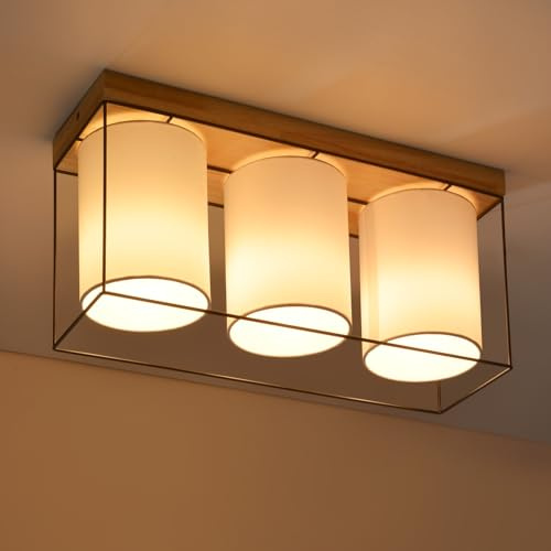 CBJKTX Deckenlampe Wohnzimmer Deckenleuchte Holz 3 Flammig E14 Vintage | Wohnzimmerlampe mit Stoff-Lampenschirm Industrial Retro Esszimmerlampe für Esszimmer Schlafzimmer Küche (ohne Leuchtmittel)