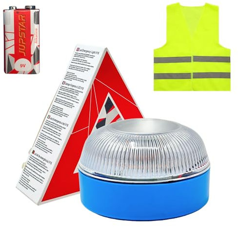 MAGIC SELECT Luz Emergencia V16 para Señalización en Carretera de Coche y Moto. Luz Amarilla Intermitente, Base Imantada y Pila 9V 6LR61. Chaleco Reflectante Incluido