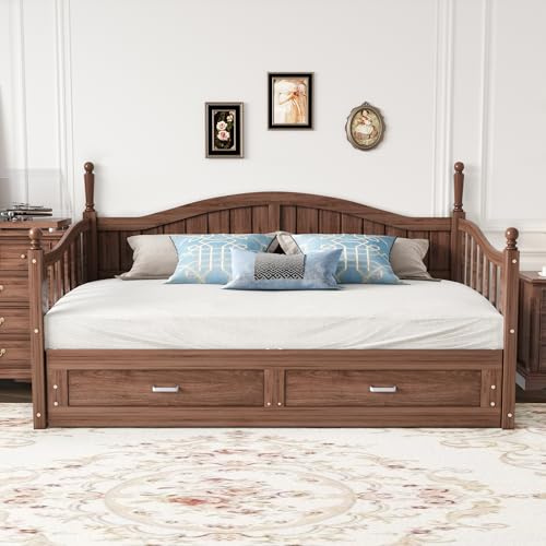 Ausziehbares Schlafsofa Aus Massivholz 90/180x190 cm, mit römischen Säulen, mit geschwungener Rückenlehne und Armlehnen, mit Schubladen und Lattenrost, Multifunktionsbett Aus Kiefernholz (Nussbaum)
